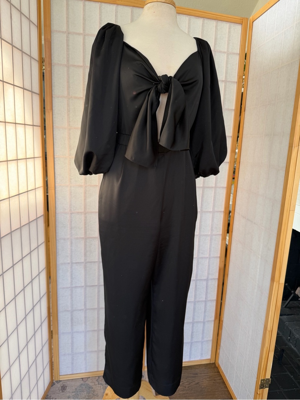 J. Crew Black Puff-Sleeve Jumpsuit with Front Tie